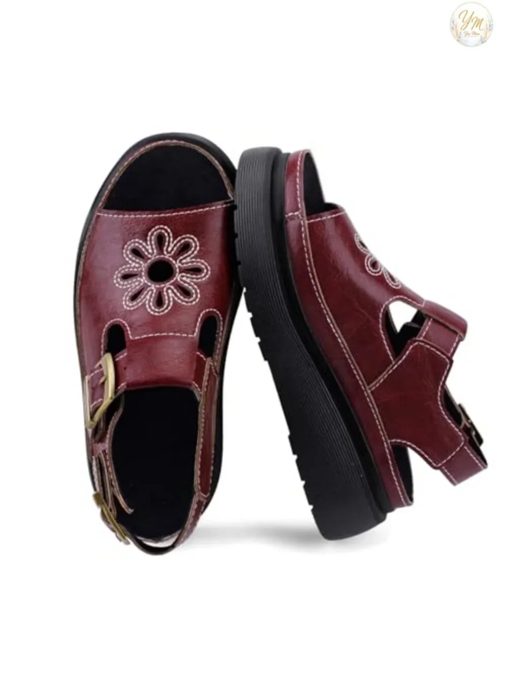 Chunky Ankle Buckle Platform Sandals Women's Calf Leather Floral Open Toe Casual